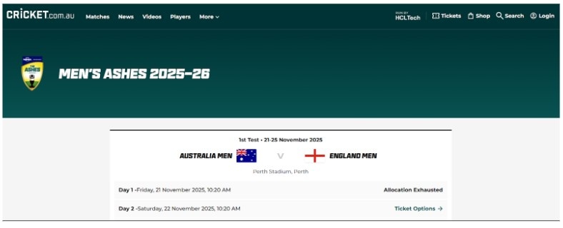 Ashes 2025–26- Official tickets Page