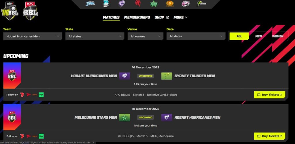 Get Hobart Hurricanes Tickets For BBL 2025/26 Season