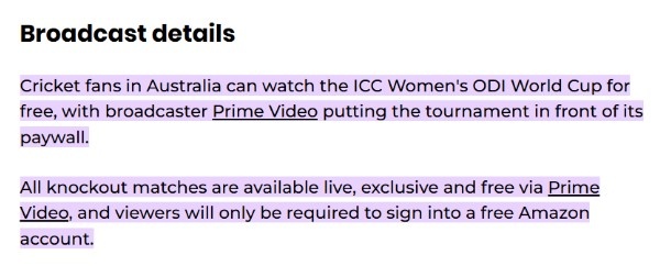 Broadcast Details For ICC Womens World Cup
