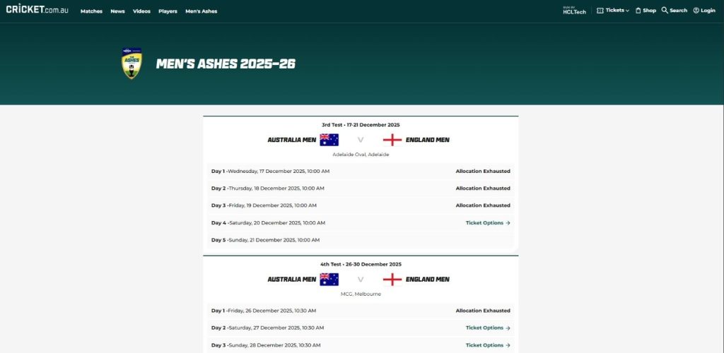 Cricket Australia website Ashes Tickets Page Cricket Australia website Ashes Tickets Page