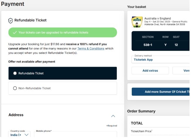 Ticketek website Ashes Tickets Payment page Ticketek website Ashes Tickets Payment page