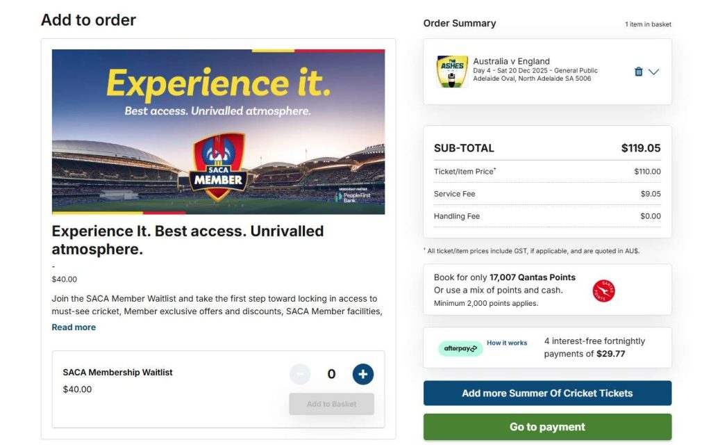 Ticketek website Ashes Tickets order summery page Ticketek website Ashes Tickets order summery page