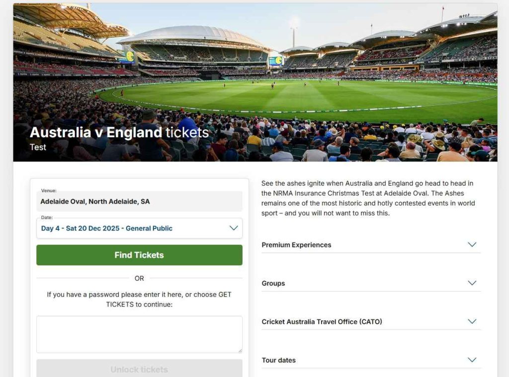 Ticketek website Ashes Tickets selection page Ticketek website Ashes Tickets selection page